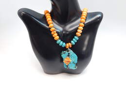 Artisan 925 Turquoise Wire Wrapped Slab Pendant & Orange Dyed Howlite Beaded Statement Necklace 88g