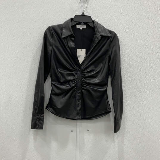 NWT Womens Black Faux Leather Long Sleeve Collared Button-Up Shirt Size XS image number 1