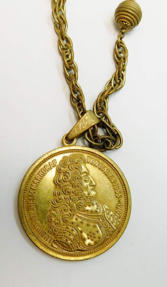 Vintage Miriam Haskell Goldtone Faux German Coins Pendant Station Chain Statement Necklace 60g image number 3