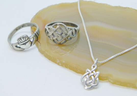 Sterling Silver Celtic Knot Pendant Necklace & Claddagh Celtic Knot Bracelet & Rings Amber Celtic Knot Dangle Earrings 21.7g image number 2