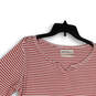 Womens Red White Striped 3/4 Sleeve Split Neck Pullover T-Shirt Size XL image number 3