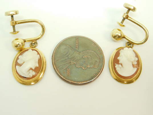 10K Gold Carved Woman Cameo Oval Drop Screw Back Earrings 3.2g image number 6