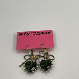 Designer Betsey Johnson Gold-Tone Camo Green Heart Stone Dangle Earrings