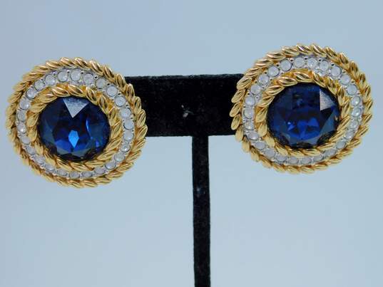 Vintage SAL Blue & White Swarovski Crystal Gold Tone Round Clip Earrings 35.8g image number 2