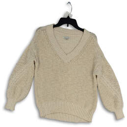 Womens Beige Knit V Neck Straight Hem Pullover Sweater Size XS