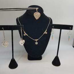 Sterling Silver Dangle Earrings/Filigree Heart Pendant On 16inch Necklace Bundle 4pcs 13.3g