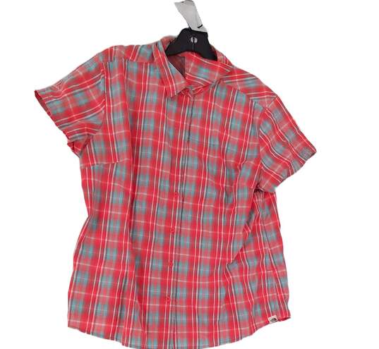 Womens Red Blue Plaid Short Sleeve Collared Button Up Shirt XL image number 1