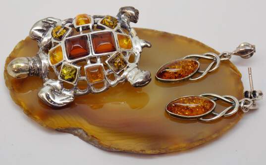 Artisan 925 Amber Celtic Knot Drop Post Earrings & Multi Color Cabochons Turtle Brooch 10.8g image number 5