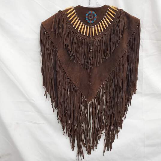 Cripple Creek Brown Leather Western Beaded Fringe Poncho O/S image number 2