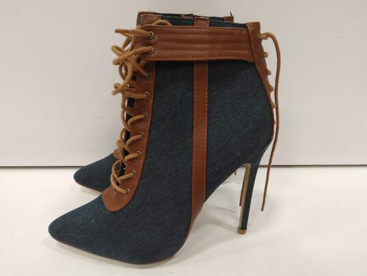 Shoedazzle Women's Sacha Corset Lace Up Stiletto Heeled Denim Booties Size 9.5 image number 1