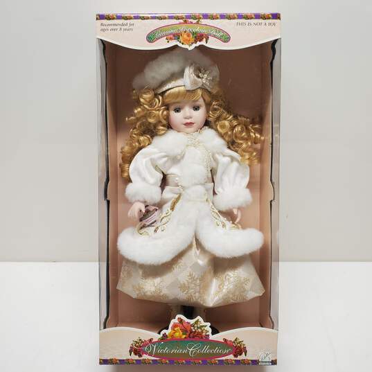 Genuine Porcelain Doll Victorian Collection Doll and Wooden Stand IOB image number 1