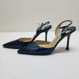 AUTHENTICATED Jimmy Choo Metallic Blue Croc Embossed Leather Slingback Pumps Size 38.5 alternative image