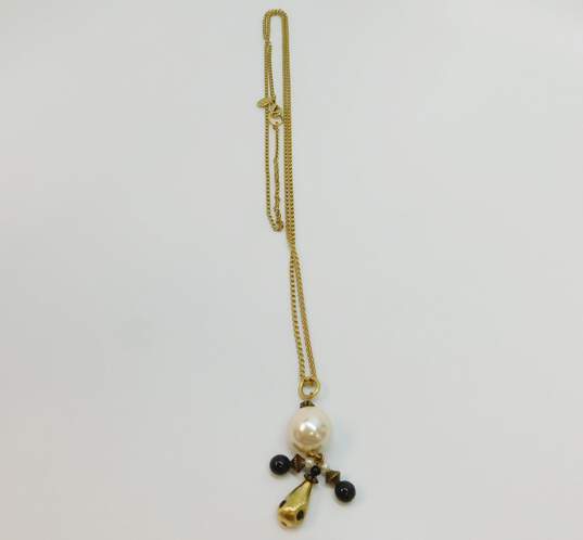 Vintage Robert Rose Goldtone Faux Pearls & Black Ball Ridged & Brushed Beaded Pendant Chain Necklace 19.1g image number 3