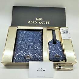 Coach Glitter Collection NWT Star Glitter Travel Set SV/Midnight Navy Sparkle Passport & Luggage Tag Boxed
