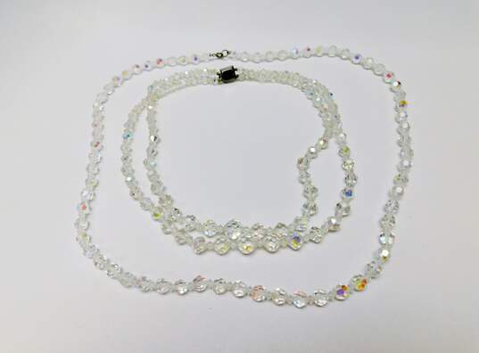 Vintage Aurora Borealis Necklaces Multi Strand Bracelet & Floral Dangle Clip On Earrings 155.2g image number 4