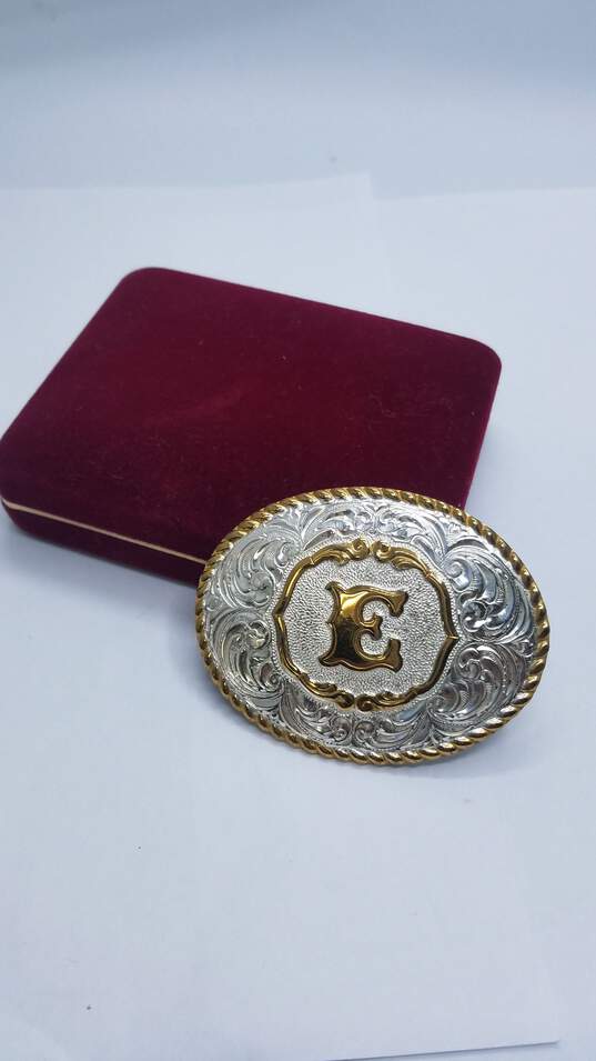 Crumrine Gold And Silver Smith Belt Buckle w / Letter" E" In The Center W/ Case 67.1 image number 4
