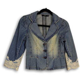 NWT Womens Blue Lace 3/4 Sleeve Notch Collar Button Front Denim Jacket Sz 2