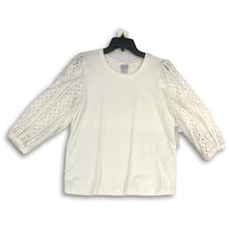 Chico's Womens White Eyelet 3/4 Sleeve Round Neck Pullover Blouse Top Size M