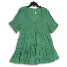 Womens Green V-Neck Short Sleeve Ruffle Pullover Tunic Blouse Top Size Large