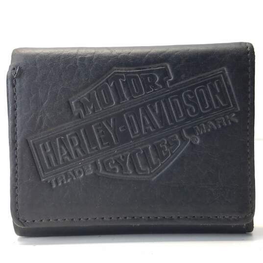 Harley Davidson Black Leather Trifold Wallet Mens image number 1