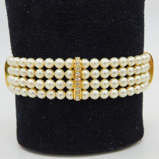 Vintage Christian Dior Icy Rhinestone Gold Tone & Faux Pearl Multi Strand Bracelet 44.9g image number 8
