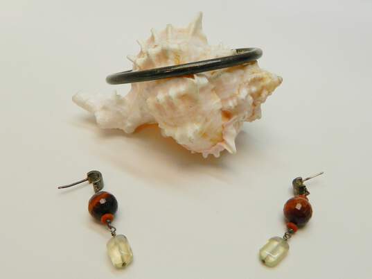 Rustic 925 Faceted Red Tigers Eye Coral & Citrine Beaded Drop Post Earrings & Rounded Cuff Bracelet 27.9g image number 1