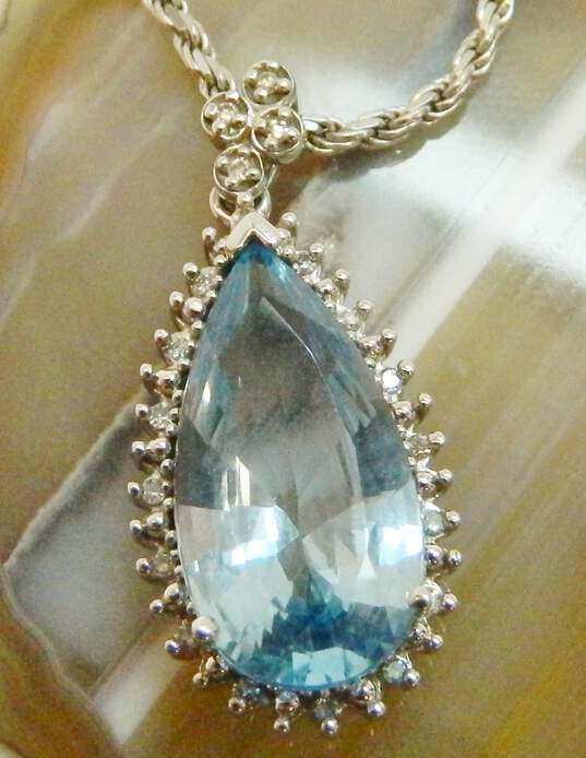 14K White Gold Blue Topaz Teardrop 0.10 CTTW Diamond Pendant Necklace 13.9g image number 3