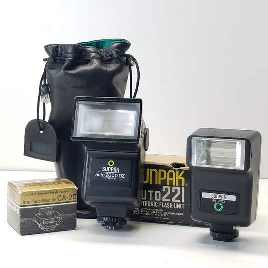 Lot of 2 Assorted Sunpak Camera Flashes with Interface Module CA-2D image number 1