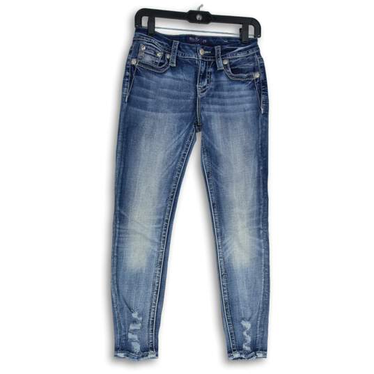 Womens Blue Denim Distressed Medium Wash 5-Pocket Design Skinny Jeans Size 25 image number 1