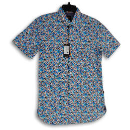 NWT Mens Blue Floral Collared Short Sleeve Button Up Shirt Size Small
