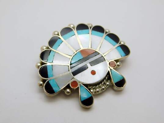 J&M Zuni Sunface Sterling Silver Stone Inlay Pendant Brooch 7.8g image number 1