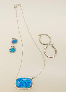Contemporary 925 Blue Faux Opal & CZ Pendant Necklace & Post & Hoop Earrings Set