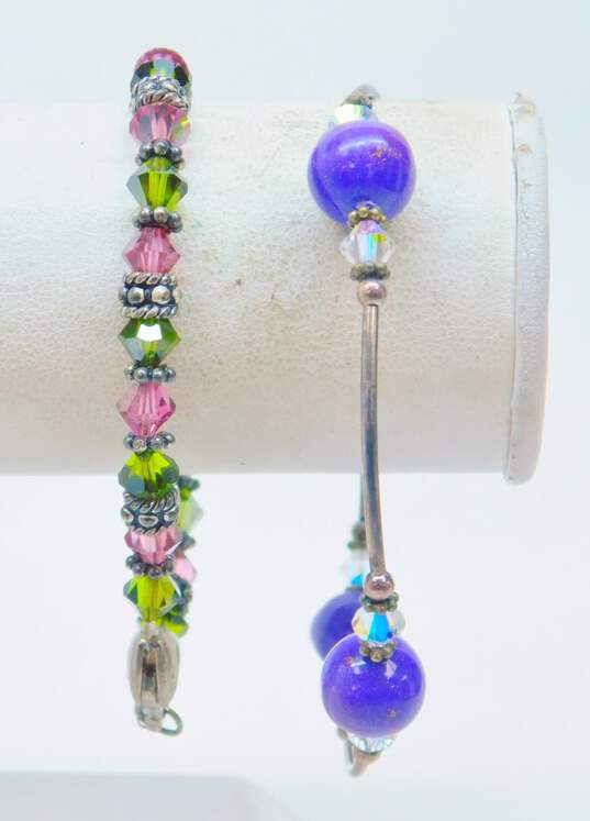 Artisan 925 & Vermeil Fancy & Twisted Rope Chain & Purple Faux Stone Ball & Pink & Green Crystal Beaded Bracelets Variety 24g image number 3