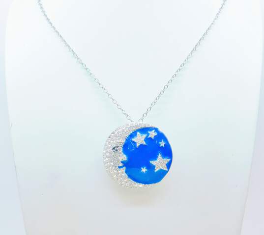 Vintage Silvertone Icy Clear Rhinestones & Blue Enamel Celestial Crescent Moon & Stars Pendant Brooch Necklace & Long Rectangle Barrette 46.6g image number 2