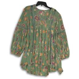 Free People Womens Green Floral Long Sleeve Pleated Pullover Blouse Top Size XS