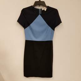 Womens Black Blue Colorblock Short Sleeve Round Neck Mini Dress Size 4