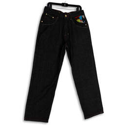 Mens Black Denim Dark Wash Embroidered Straight Leg Jeans Size W36