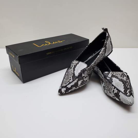 Lulu's Flats Emmy Natural Snake Pointed Loafers Black/White Size 9 image number 1