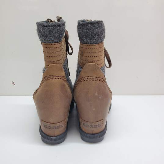 Sorel Lexie Women Wedge Boots Brown Gray Felt Leather Round Toe Lace Up Size 6.5 image number 5