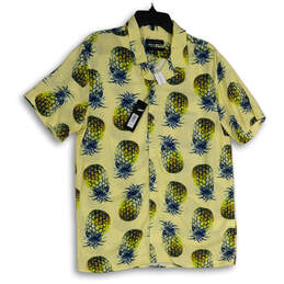 NWT Mens Yellow Blue Pineapple Print Short Sleeve Button-Up Shirt Size M