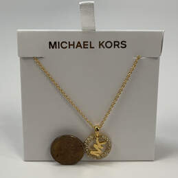 Designer Michael Kors Gold-Tone Crystal MK Logo Pendant Link Chain Necklace