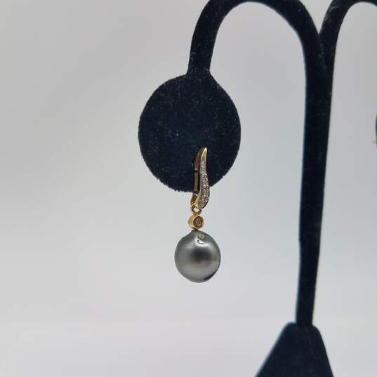 14k Gold Dark FW Pearl Diamond Dangle Earrings 3.9g image number 6