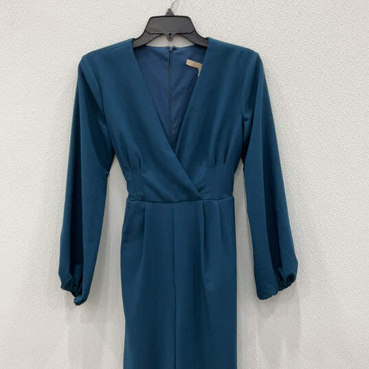 NWT Womens Blue Long Sleeve V-Neck Back Zip One-Piece Jumpsuit Size 00P image number 3