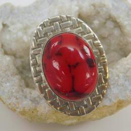 Taxco Mexico 925 Modernist Faux Red Jasper Cabochon Woven Stamped Oval Chunky Ring 14.3g