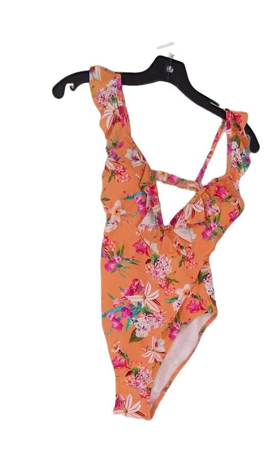 Womens Orange Floral Sleeveless Ruffle V Neck One Piece Swimsuit Size Small image number 1