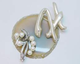 Vintage & Artisan 925 White Faux Pearls Abstract Swirl & Puffed H Initial Monogram Brooches Variety 13.5g