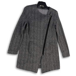 Womens Gray Chevron Fleece Pockets Asymmetrical Full-Zip Overcoat Size S