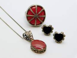 Artisan 925 Faux Stone Pendant Necklace Onyx & MOP Heart Post Earrings & Spiny Oyster Unique Chunky Ring 25.9g