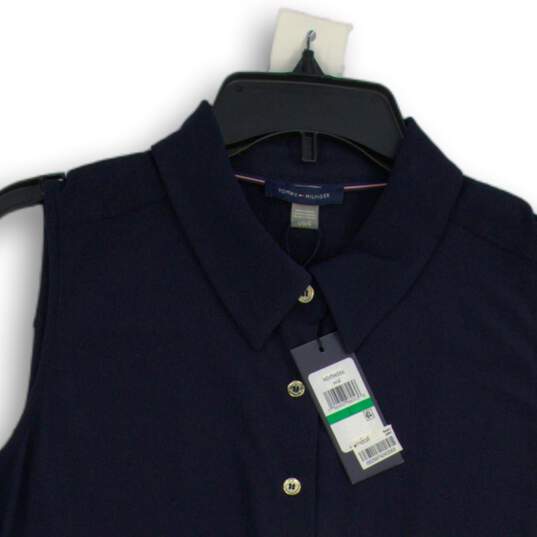 NWT Womens Navy Blue Sleeveless Collared Button Front Blouse Top Size L image number 3