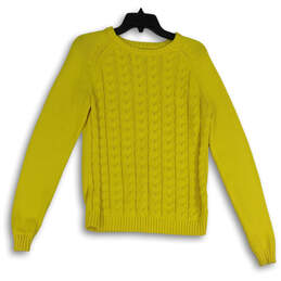 Womens Yellow Cable Knit Crew Neck Long Sleeve Pullover Sweater Size S